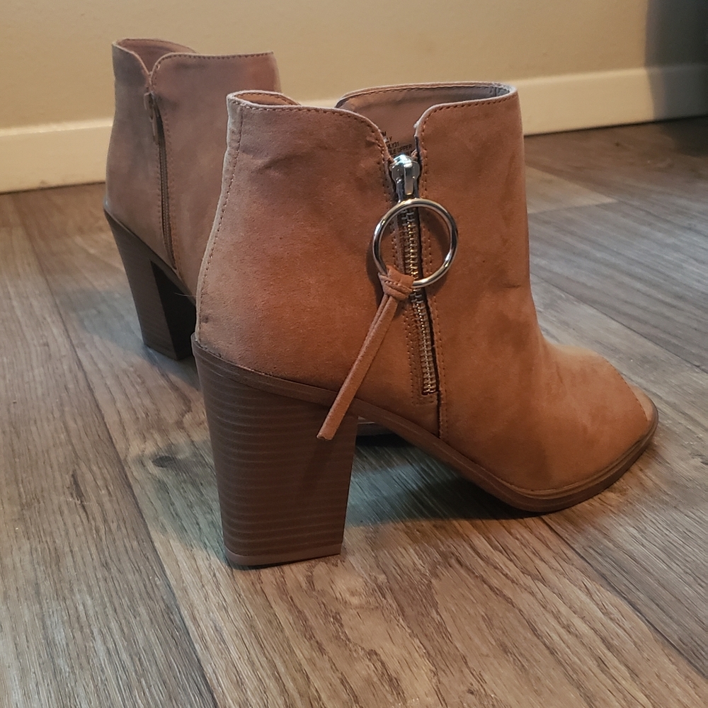 Tan peep-toe booties